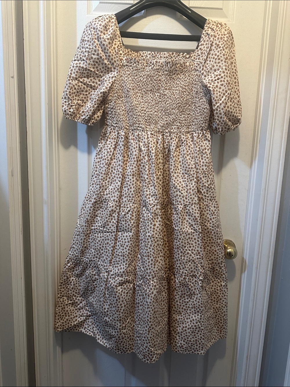 Smocked Puff Sleeve Midi Dress in Cream with Brown Dots